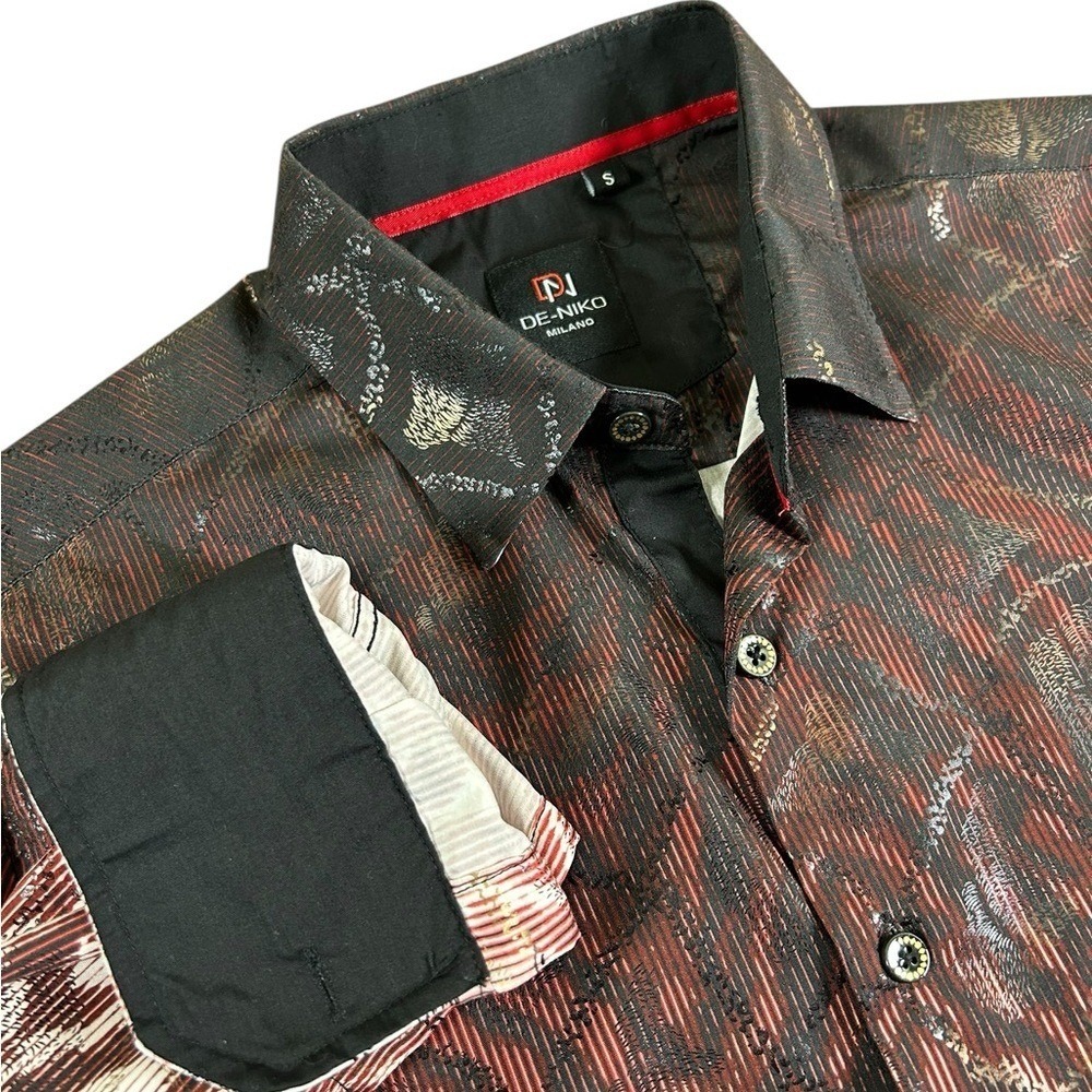 De-Niko Milano Abstract Gradient Ombré Flip Cuff LS Shirt‎ Men Sm Burgundy Black